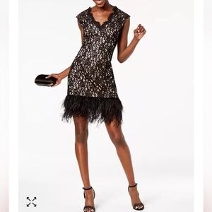 Vince Camuto feather trimming holiday black v neck dress lace detail Size XS